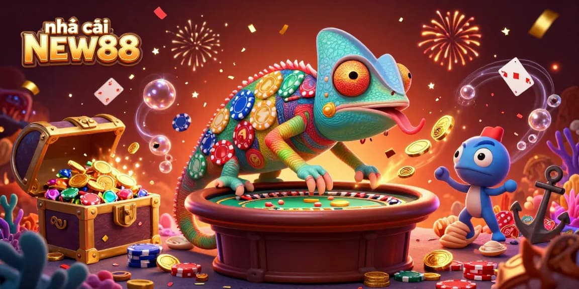 Engage with nhà cái NEW88 at a lively casino scene featuring a vibrant chameleon owner.