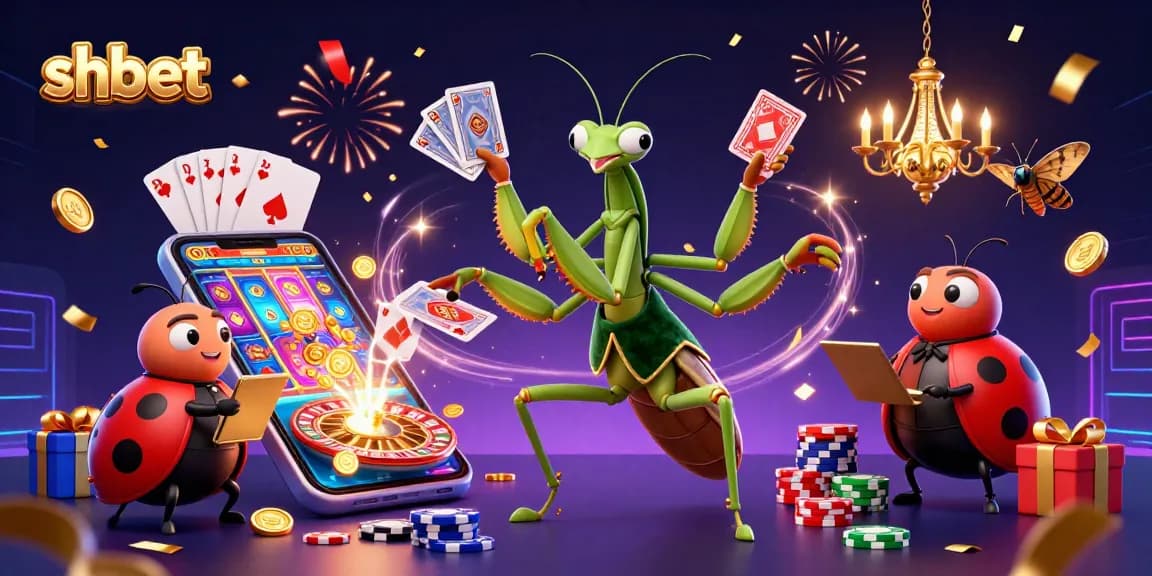 shbet showcases a vibrant casino scene with characters dealing cards, pouring champagne, and exciting game elements.