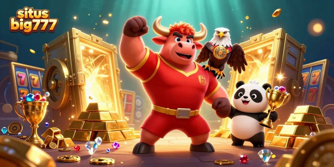 Experience excitement with situs big777 featuring vibrant 3D characters amidst a treasure-filled casino scene.
