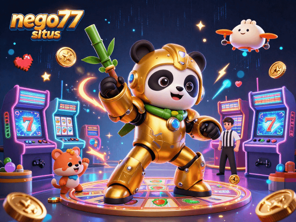 Experience gaming excitement with nego77 situs in a vibrant 3D animated casino scene.