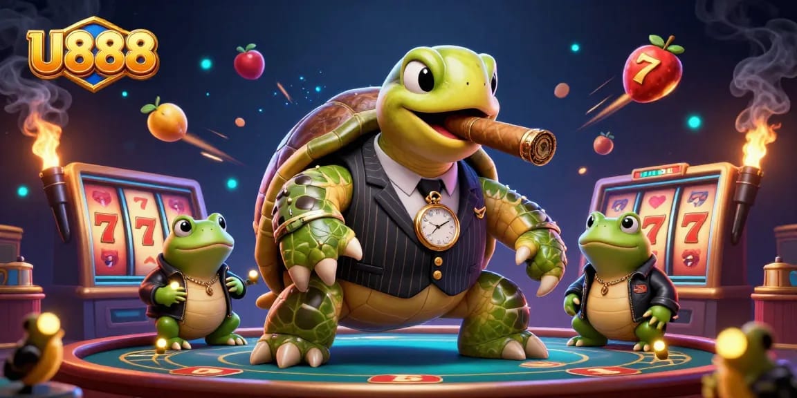 Experience U888 with a vibrant 3D illustration of a snapping turtle mobster showcasing online gaming excitement.