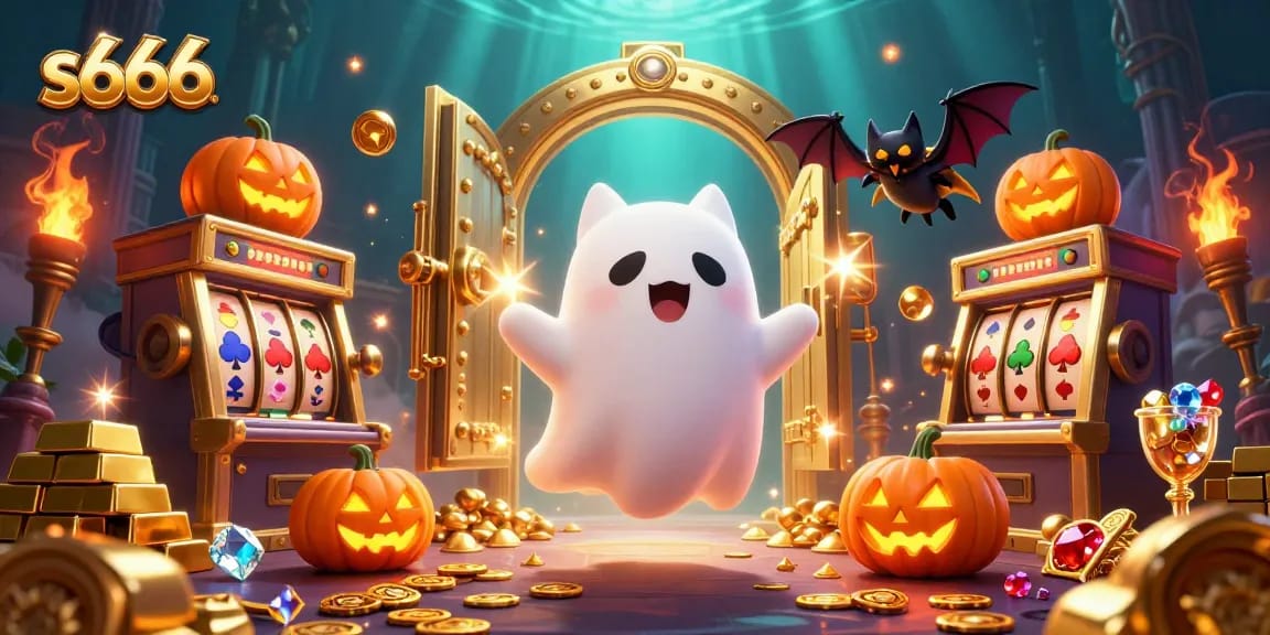 Experience thrilling gameplay at s666 casino with a ghost cat and vampire bat illustration