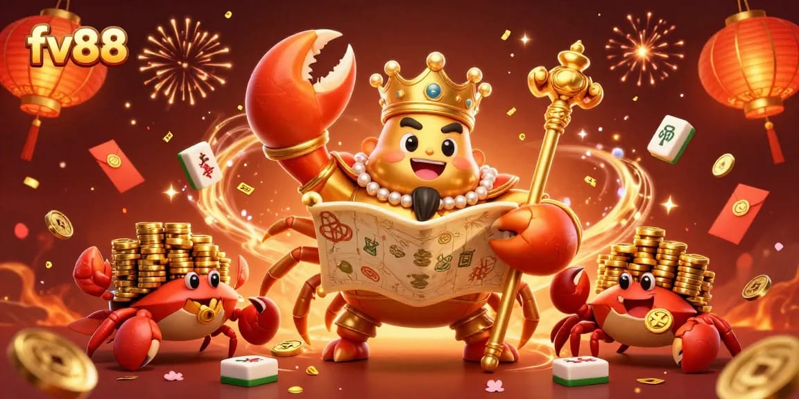 Experience thrilling gameplay at fv88 with a vibrant 3D illustration of a golden crab emperor amidst casino treasures.