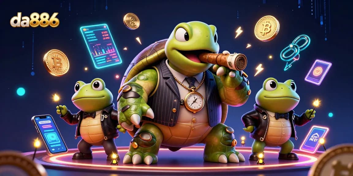 Win big with da886 casino featuring a cartoon turtle and bullfrogs amidst dynamic crypto elements.