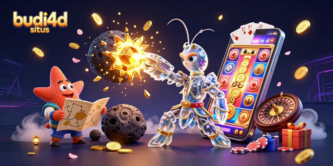 Experience big wins at budi4d situs with a colorful slot game, golden coins, and cosmic fun!