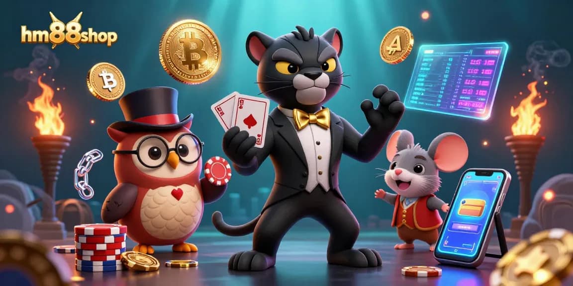 Engage with hm88shop’s colorful casino scene showcasing a panther dealer, owl, and lucky mouse.