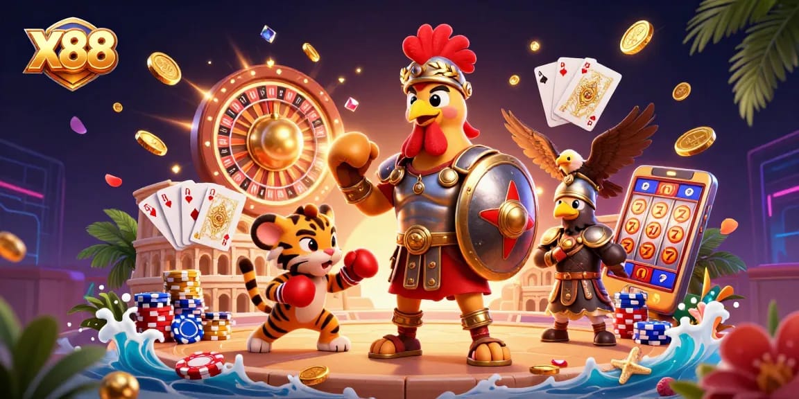 X88 showcases vibrant casino action with a gladiator rooster amid golden casino elements.