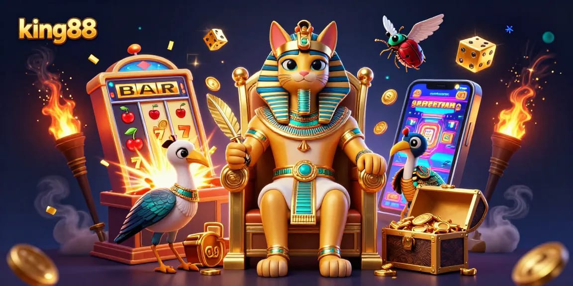 king88 slot game experience with Egyptian pharaoh cat and vibrant casino elements