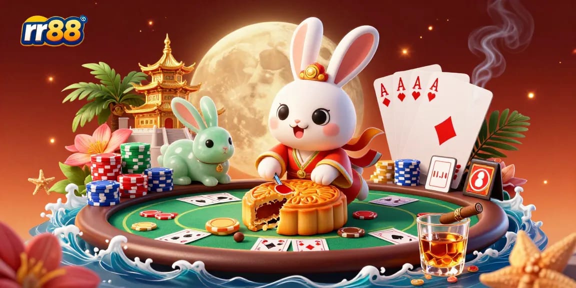 Dynamic portrayal of rr88's moon rabbit, engaging in playful gambling amongst poker chips.