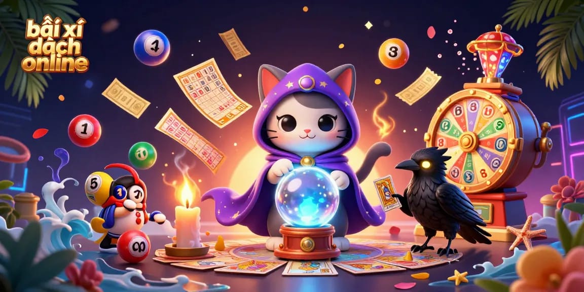 Experience the vibrant scene of bài xì dách online with mystical characters and dynamic game elements.