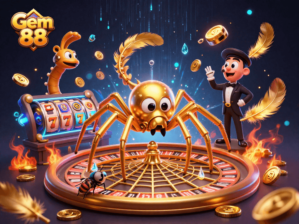 Place bets with Gem 88 at a dynamic casino scene featuring a spider croupier.