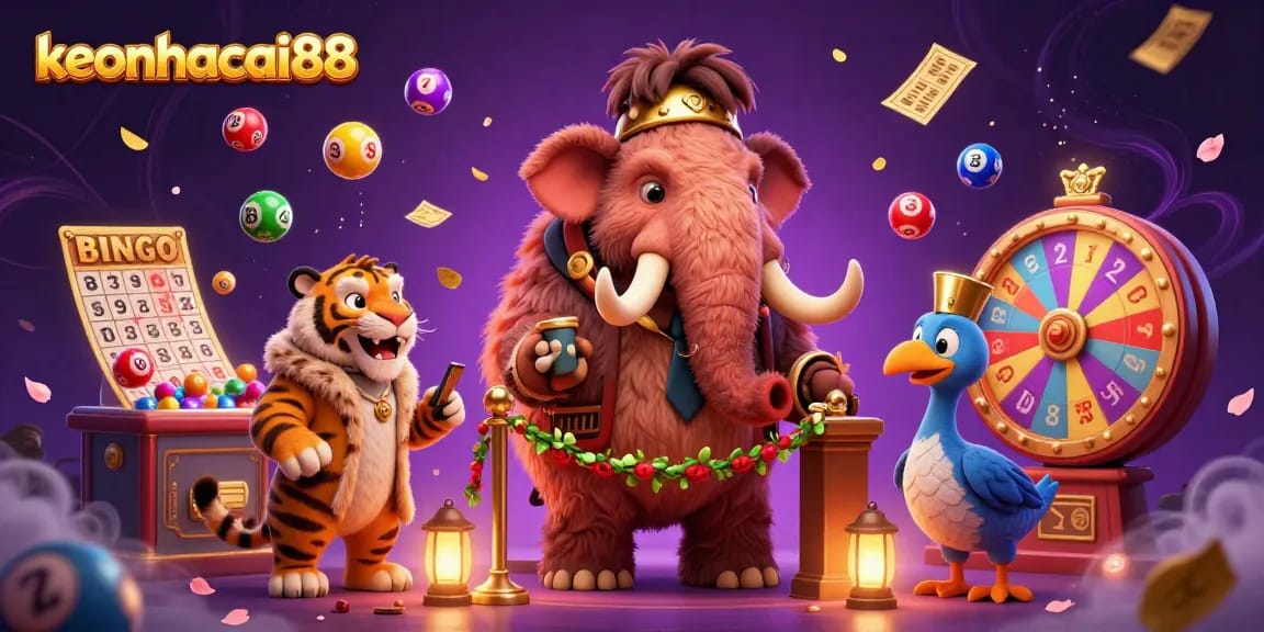 Engage in keonhacai88's vibrant casino scene with a mammoth bouncer, saber-tooth guest, and lively lotto elements.