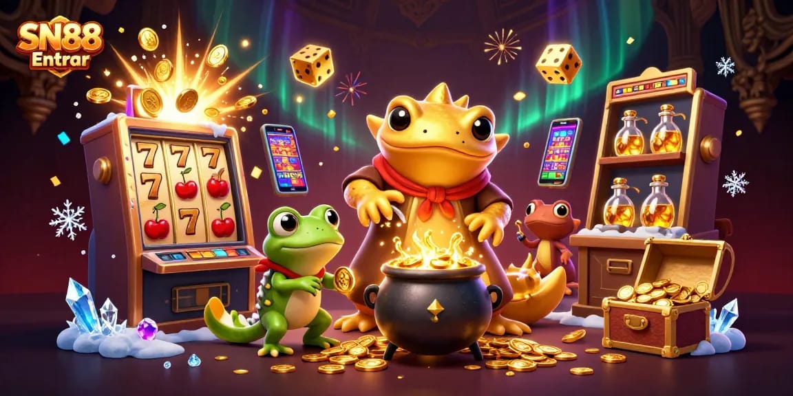 Experience thrilling wins with SN88 Entrar as you spin gold coins and jackpots in this vibrant casino scene.