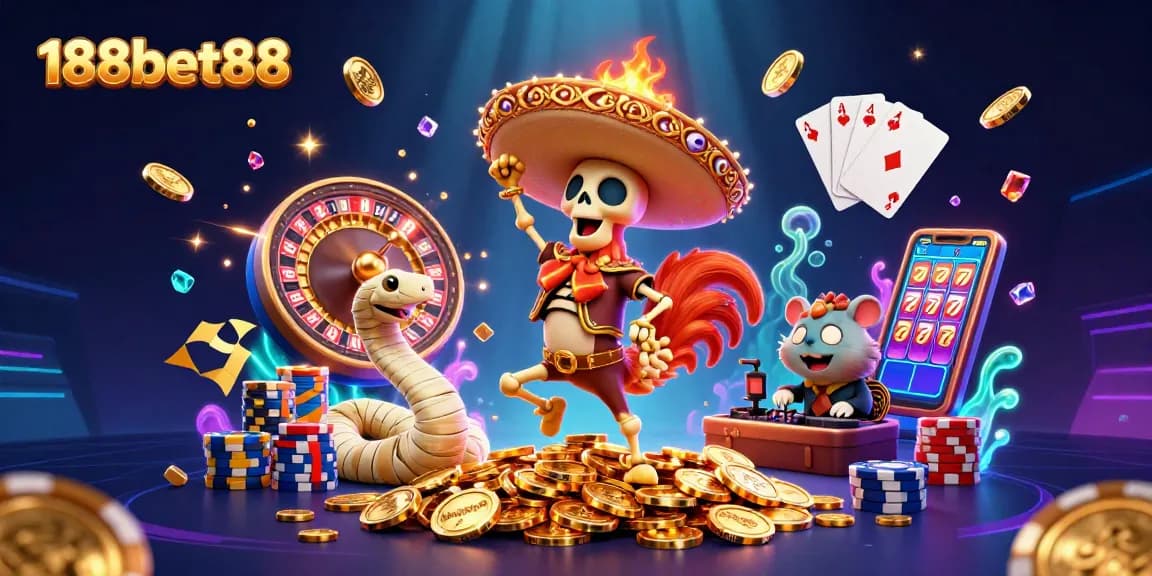 Engaging 188bet88 illustration showcasing a lively casino scene with vibrant characters celebrating around overflowing golden coins.