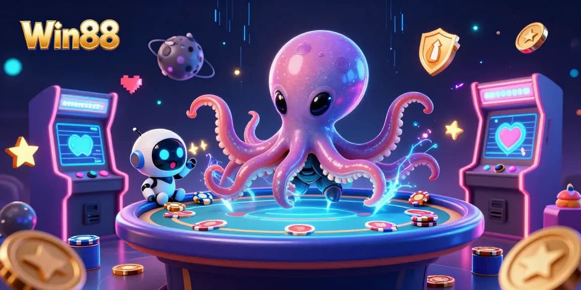 Win88 showcases a colorful casino scene with an alien octopus and arcade elements, creating an engaging atmosphere.
