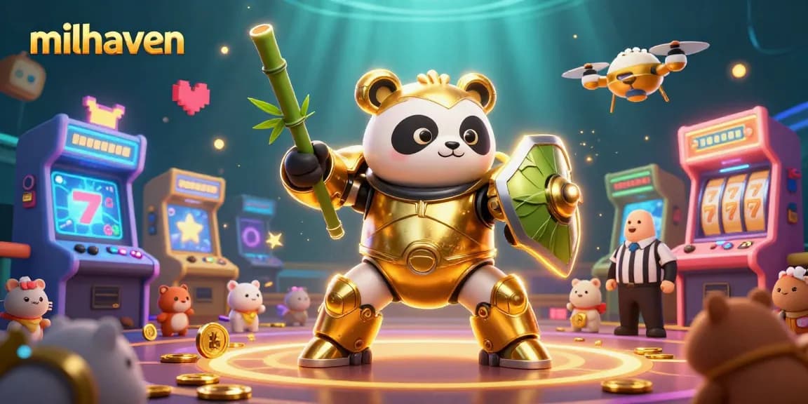 Experience exciting gameplay with milhaven's golden panda mech-suit in a vibrant casino arena.