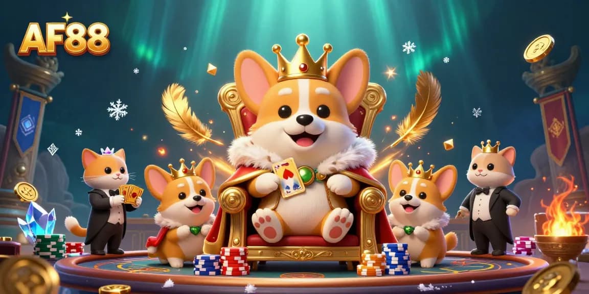 Experience the excitement of AF88 with a royal corgi on a throne surrounded by casino elements.