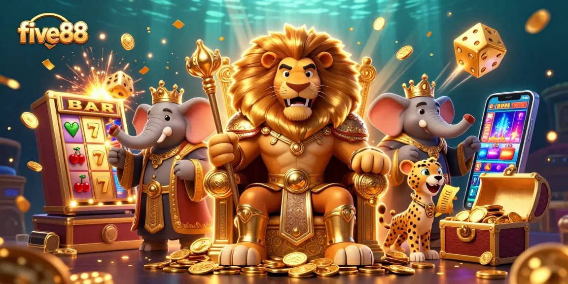 Experience thrilling action at five88 with a vibrant scene of slot machines, golden treasures, and energetic characters.