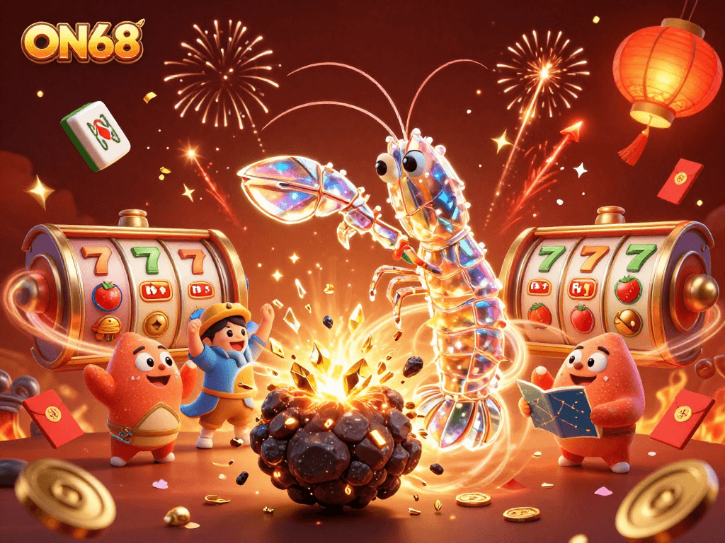 Experience thrilling gaming action at ON68 with dynamic characters and vibrant casino elements.