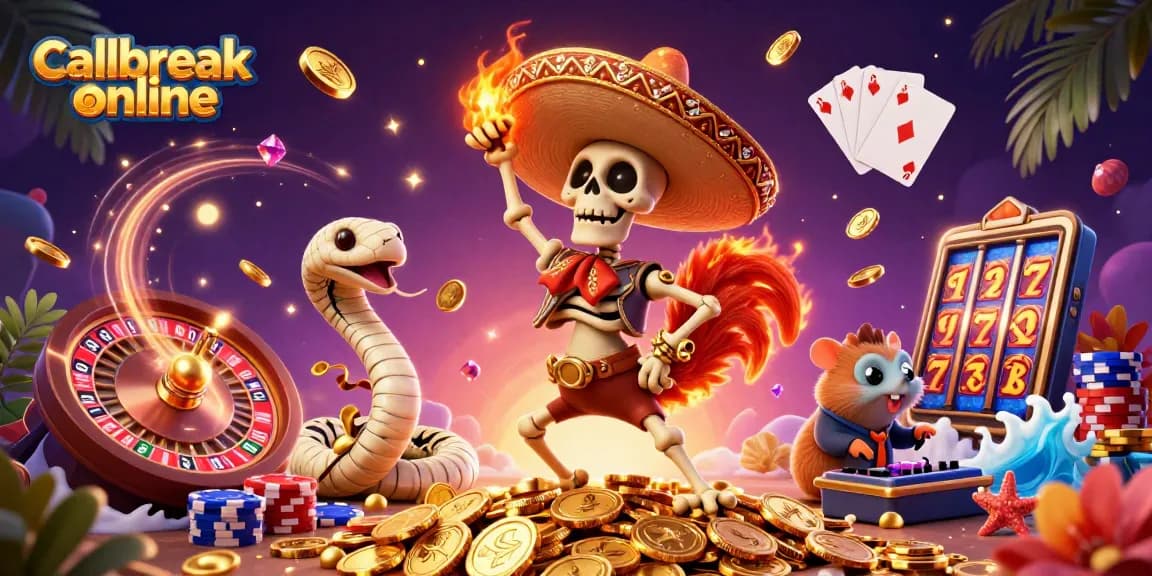 Experience the excitement of callbreak online with vibrant characters, golden coins, and dynamic gaming elements.