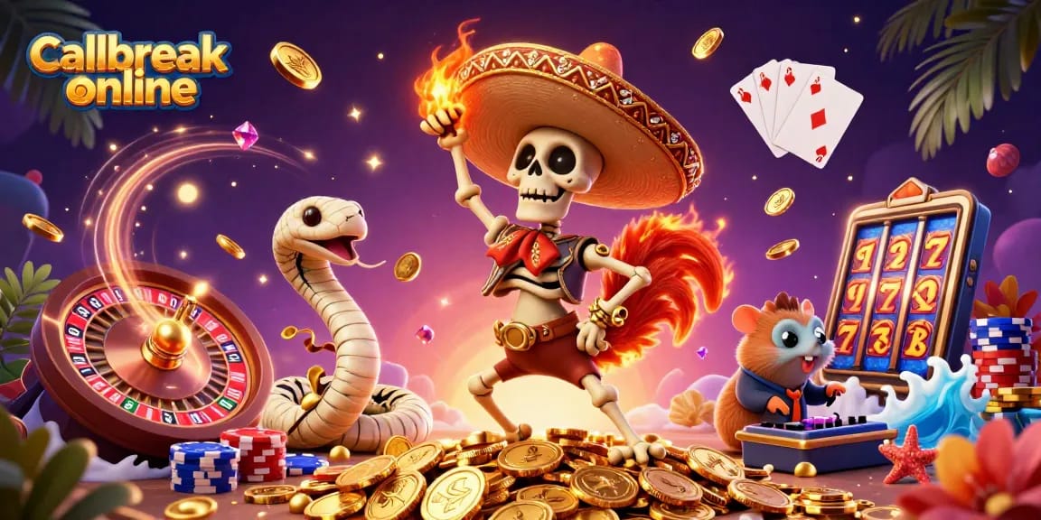 Experience the excitement of callbreak online with vibrant characters, golden coins, and dynamic gaming elements.