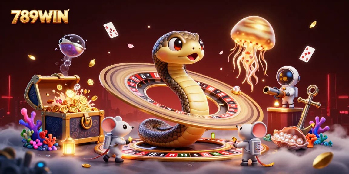 Experience thrilling bets at 789WIN's unique cosmic casino illustration filled with rich gaming elements.