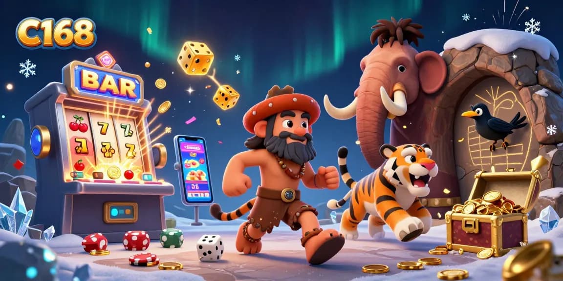 C168 casino fun with a caveman and sabertooth duo enjoying a prehistoric slots adventure.