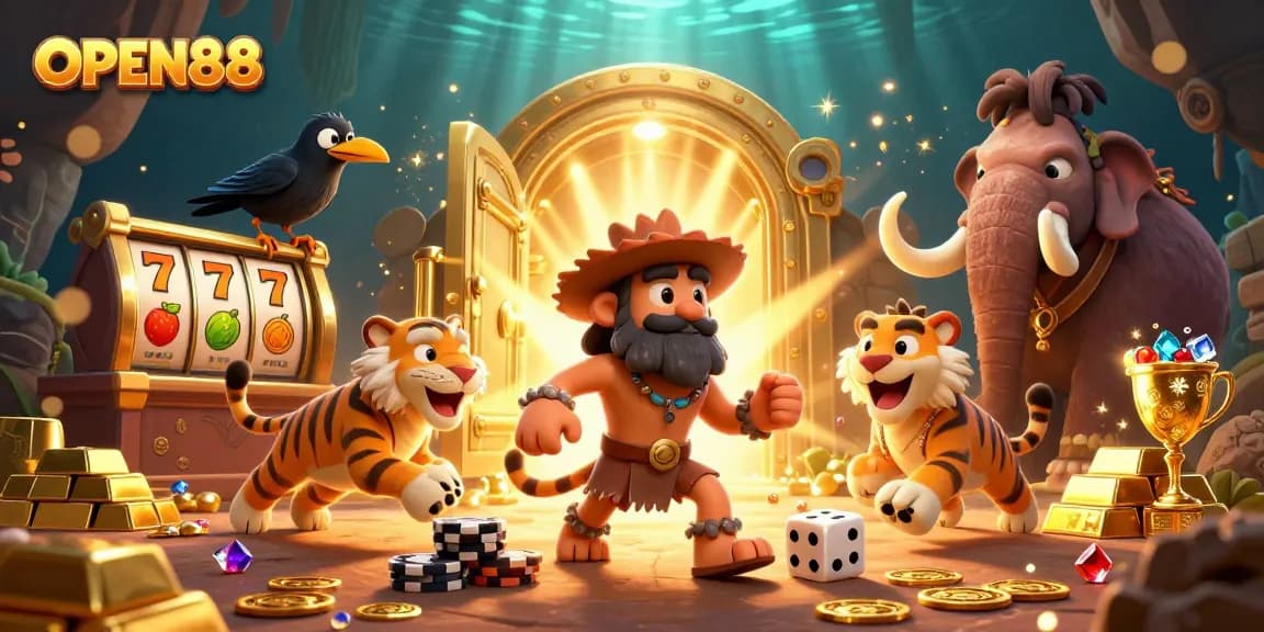 Engage with OPEN88 at this vibrant prehistoric casino scene featuring lively characters!