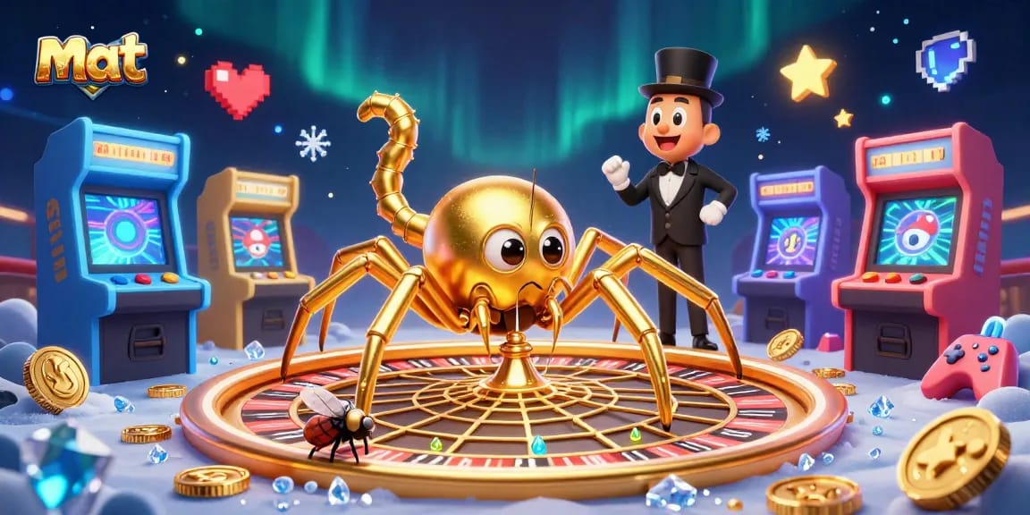 Experience mat gaming excitement with a golden spider roulette wheel and colorful arcade elements.