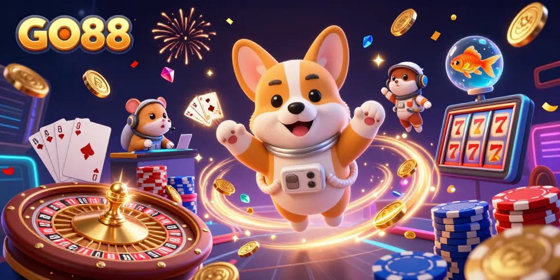 Experience the excitement at GO88 casino with 3D characters, slots, and vibrant elements.