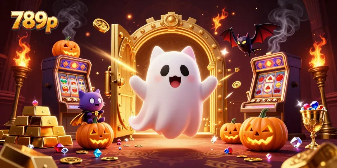 Play exciting games at 789p, featuring a ghost cat, vampire bat, and glowing jack-o-lanterns.