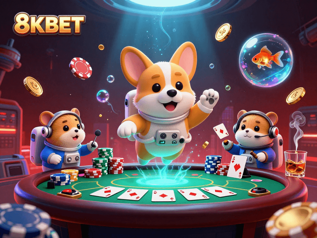 Experience the excitement of 8KBET's casino atmosphere with astronaut characters in space, floating poker elements, and vibrant graphics.