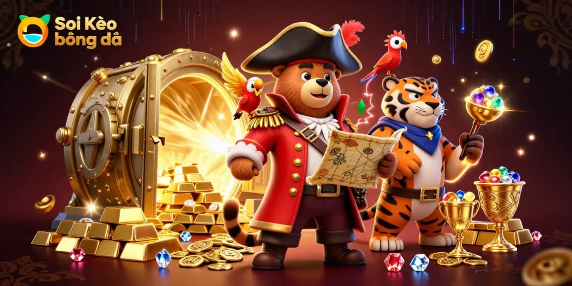 Soi Kèo bóng đá illustration featuring animated pirate bear, tiger, and treasure elements in a vibrant casino setting