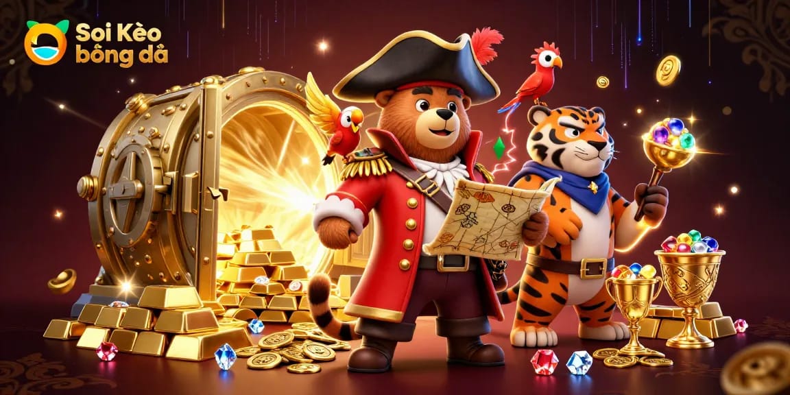 Soi Kèo bóng đá illustration featuring animated pirate bear, tiger, and treasure elements in a vibrant casino setting