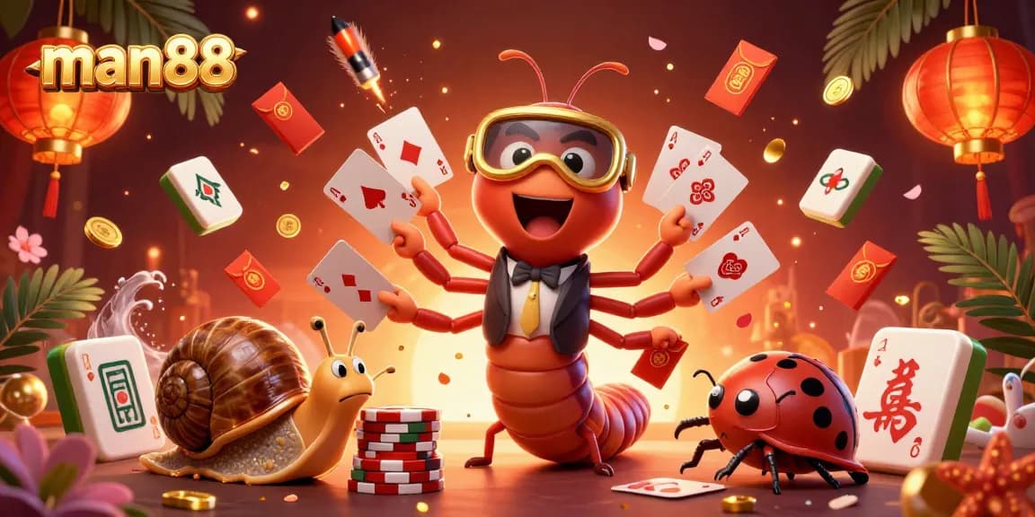 Join the excitement at man88 with a lively 3D casino scene featuring unique characters and vibrant elements.