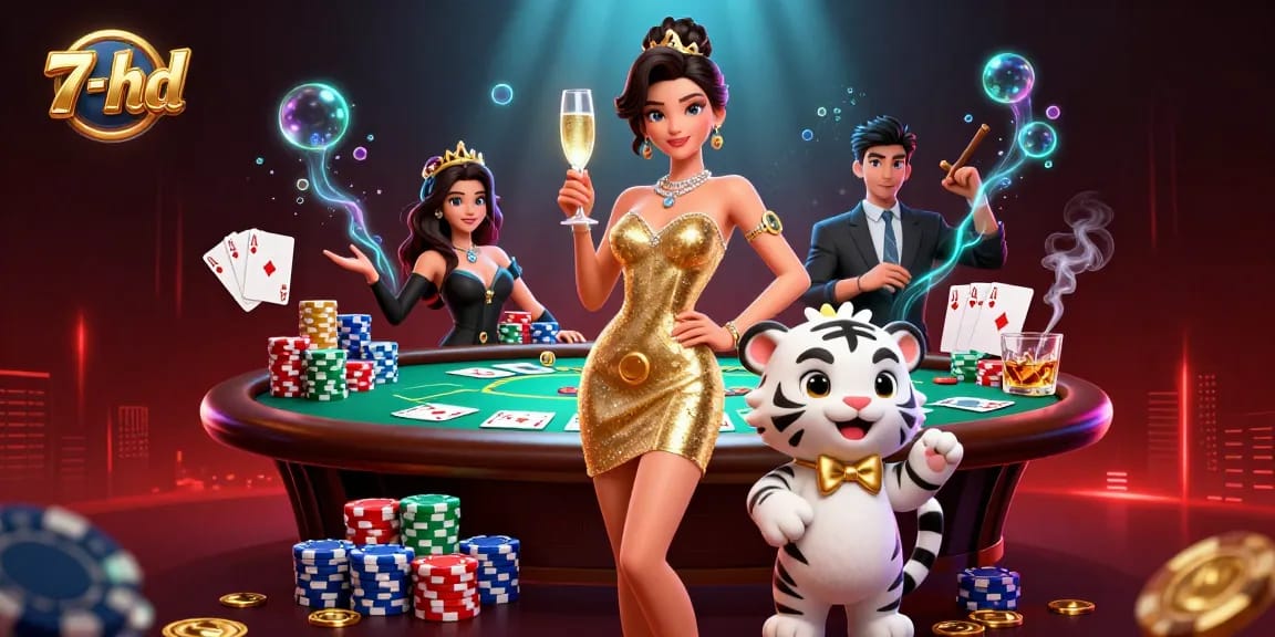 Experience online excitement with 7-hd's glamorous casino scene featuring poker and a lucky tiger.