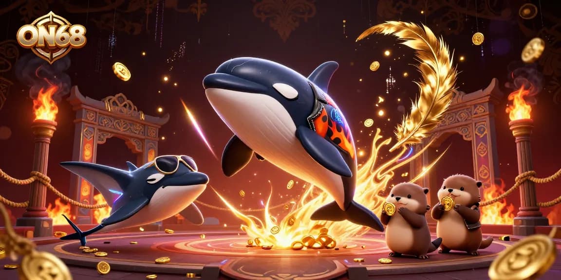 Engage in thrilling games at ON68 with dynamic characters, golden coins, and an exciting underwater scene.