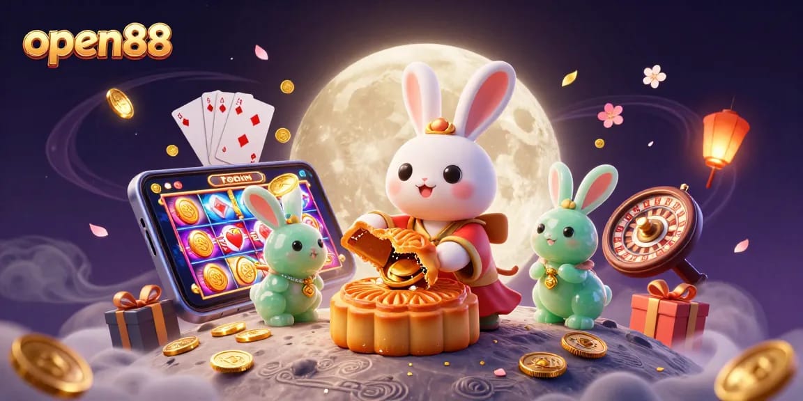 Open88 showcases an enchanting 3D scene with a moon rabbit and casino elements illuminating an exciting gaming atmosphere.