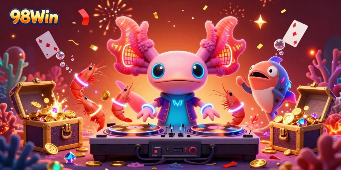 Experience exciting gameplay at 98Win with vibrant axolotl DJ and treasure-filled underwater party.