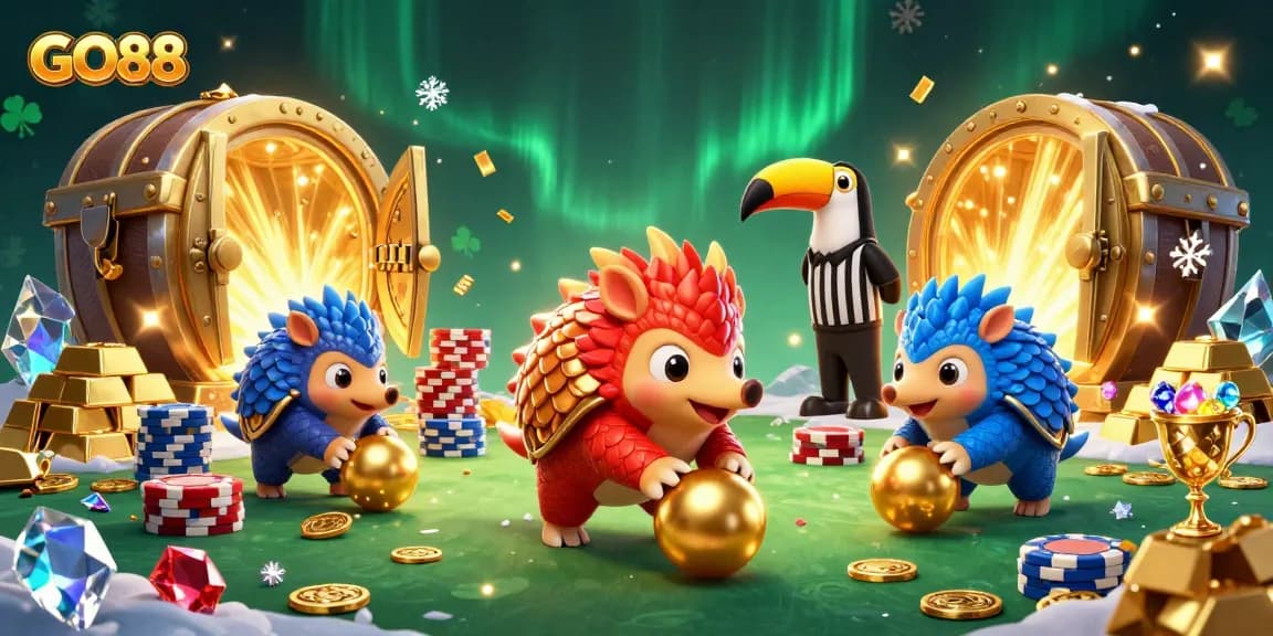 GO88 pangolins bowling through poker chips, celebrating massive winnings in a dynamic casino scene
