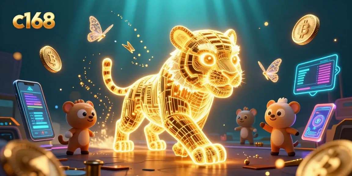 Experience the dynamic world of c168, where a golden light tiger traverses a vibrant digital casino.