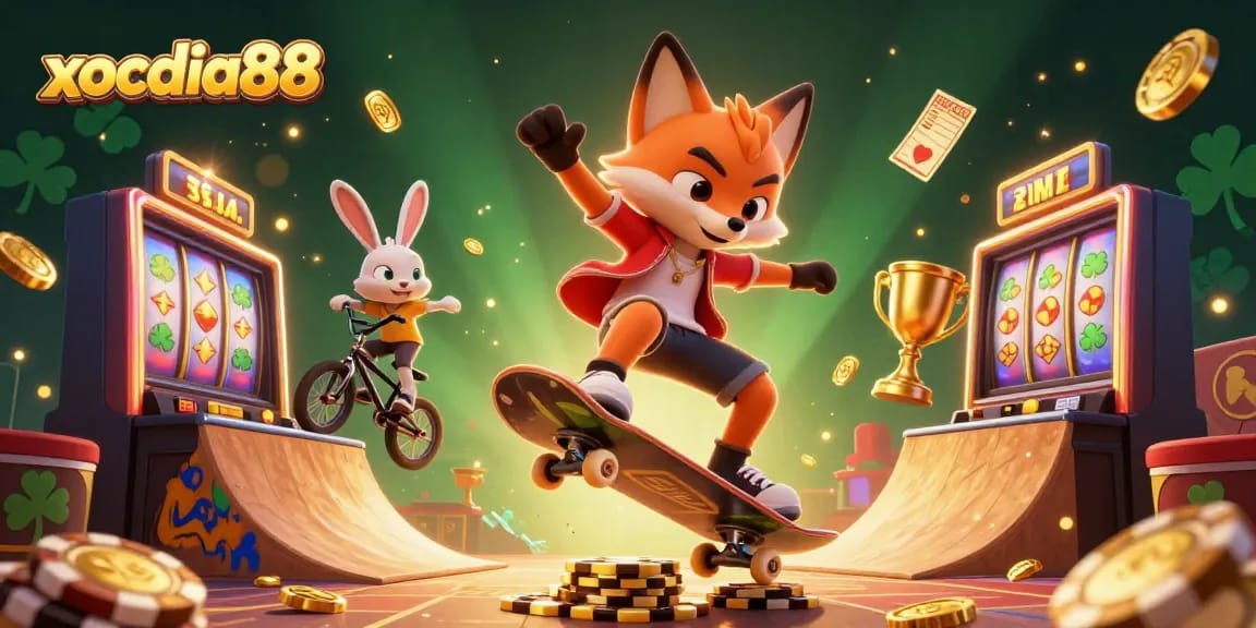 Xocdia88 showcases colorful 3D characters engaging in vibrant casino action with slots and coins.