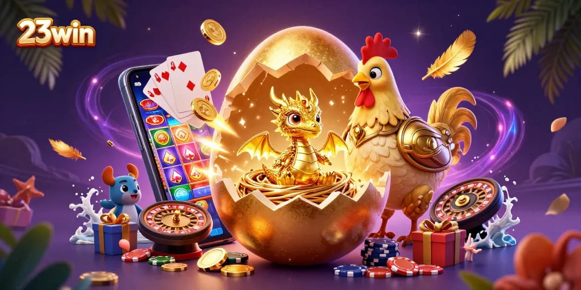 Experience the thrill of 23win as a golden dragon emerges from a nest of poker chips.