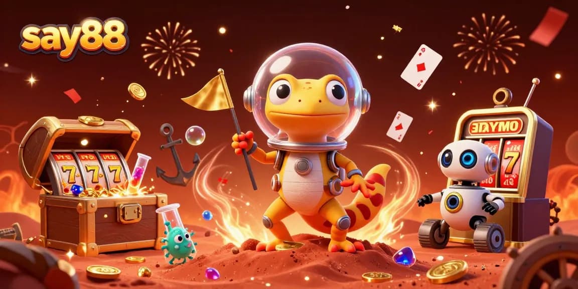 Experience the thrill of say88 with a 3D illustration featuring a gecko and casino treasures.
