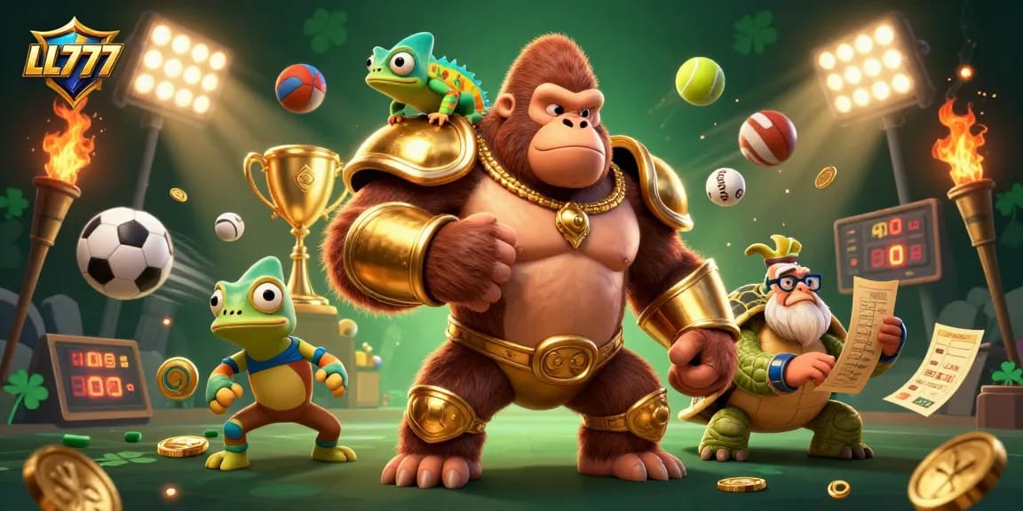 Engage with LL777 for thrilling sports betting action alongside a powerful golden gorilla and colorful chameleon in an exciting 3D scene.