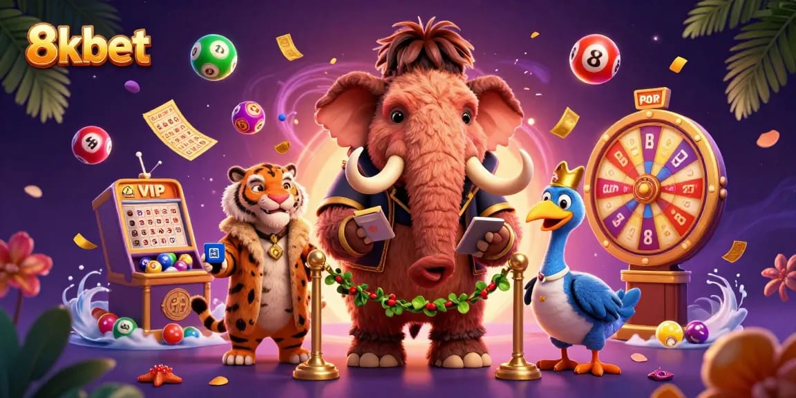 Engage with 8xbet's vibrant 3D casino scene featuring a woolly mammoth bouncer, vibrant lottery balls, and more.