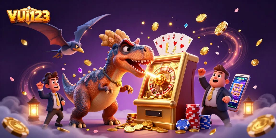 VUI123 players enjoy jackpot wins as dinosaurs engage in a thrilling 3D casino scene.
