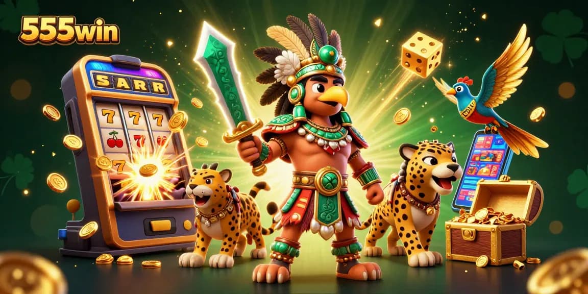 Experience the excitement of 555win with an explosive casino illustration of jackpots and winning moments.