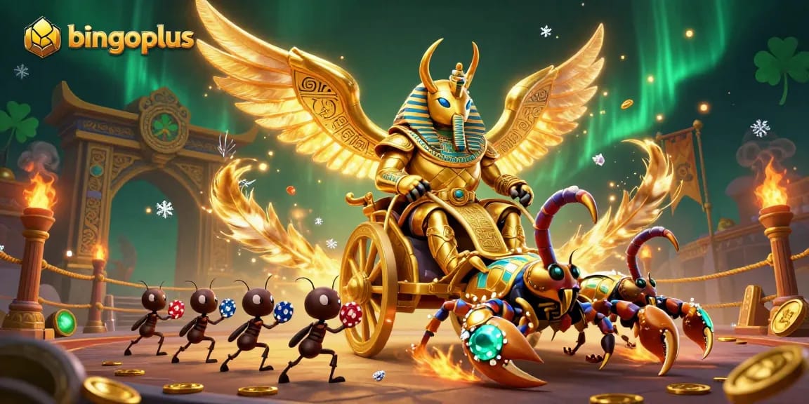 Experience thrilling gameplay with bingoplus featuring a majestic scarab beetle and gaming elements.