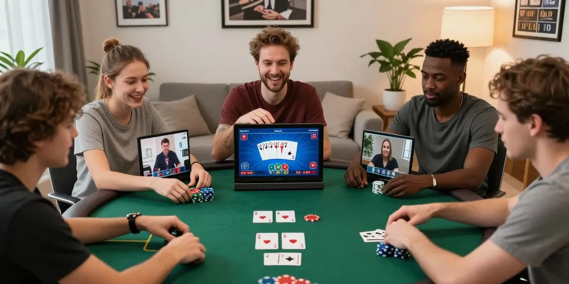 Exciting online poker gaming with players enjoying Game Poker Uang Asli Dominobet in a cozy setting.